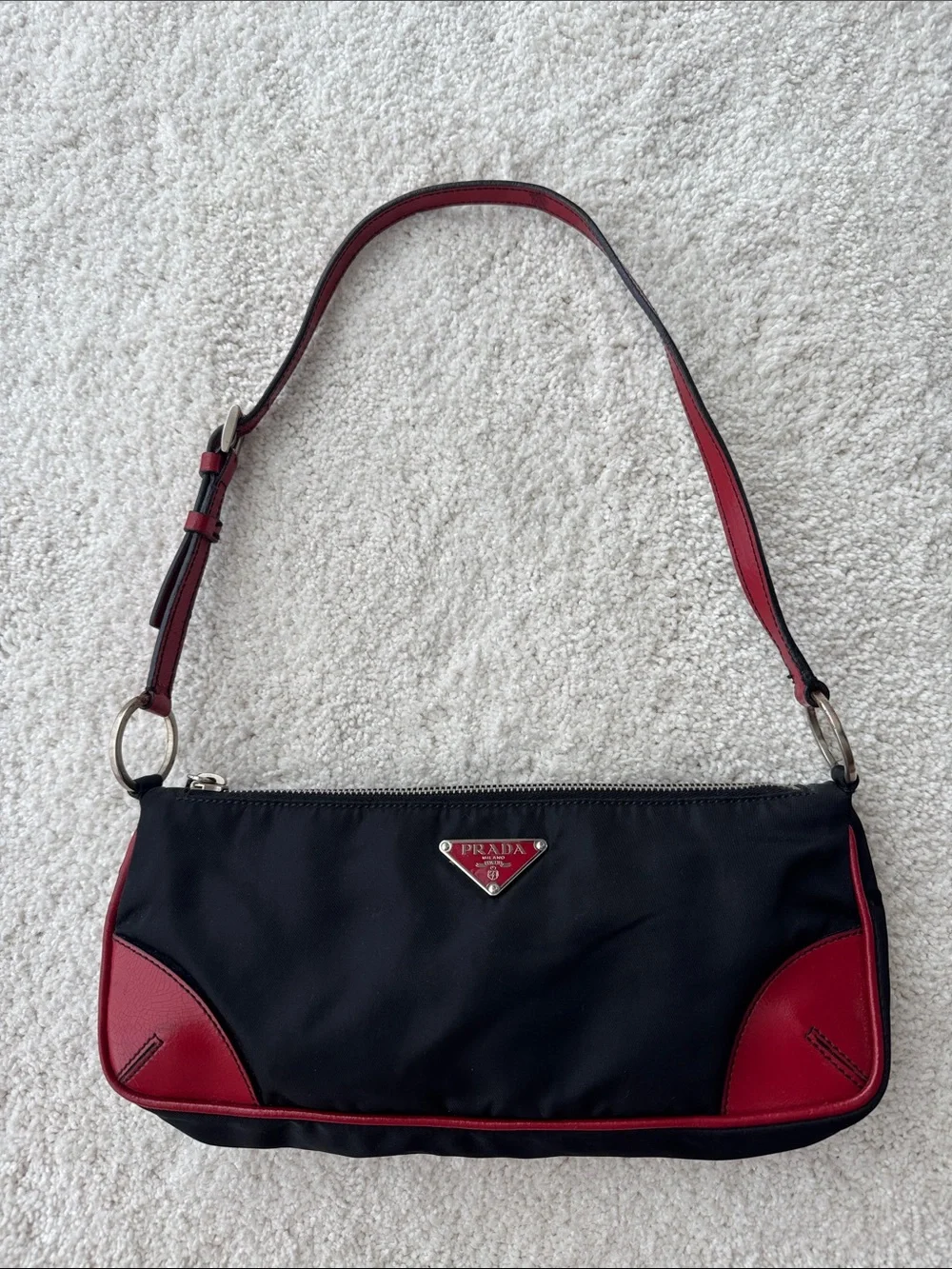 Prada Black and Red Leather-Trim Shoulder Bag